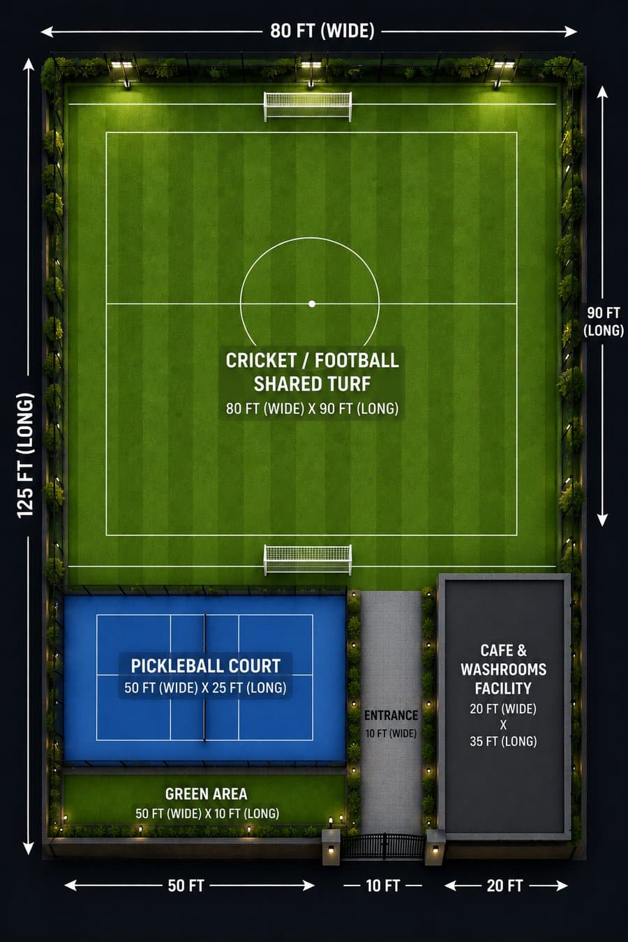 Top-down layout of Momentum Arena โ cricket/football shared turf (80ร90 ft), pickleball court (50ร25 ft), cafe & washrooms (20ร35 ft), green area (50ร10 ft), 10ft entrance. Total 80ร125 ft.